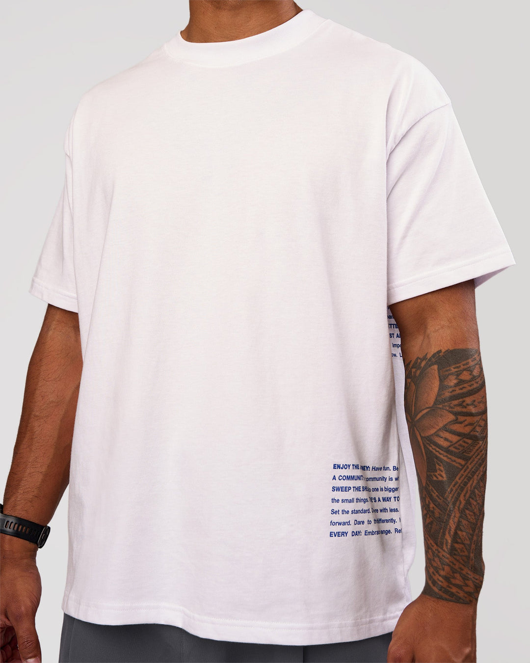 Man wearing Block Heavyweight Oversized Tee  - White-Power Cobalt | Model:Xav | Size:L - view 5