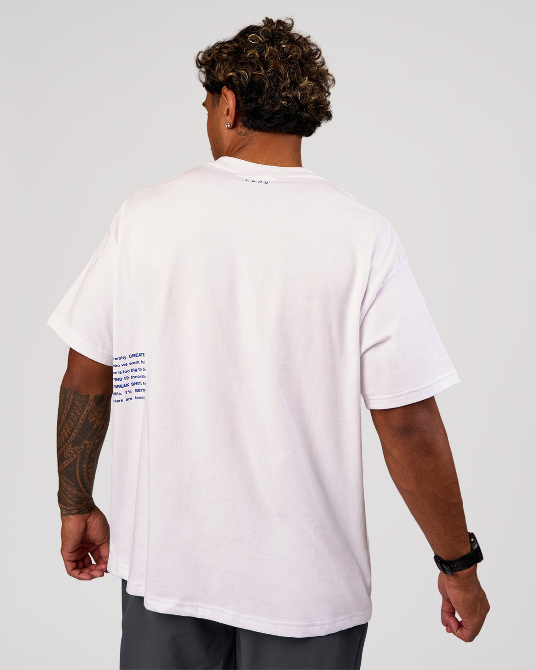 Man wearing Block Heavyweight Oversized Tee  - White-Power Cobalt | Model:Xav | Size:L - view 7