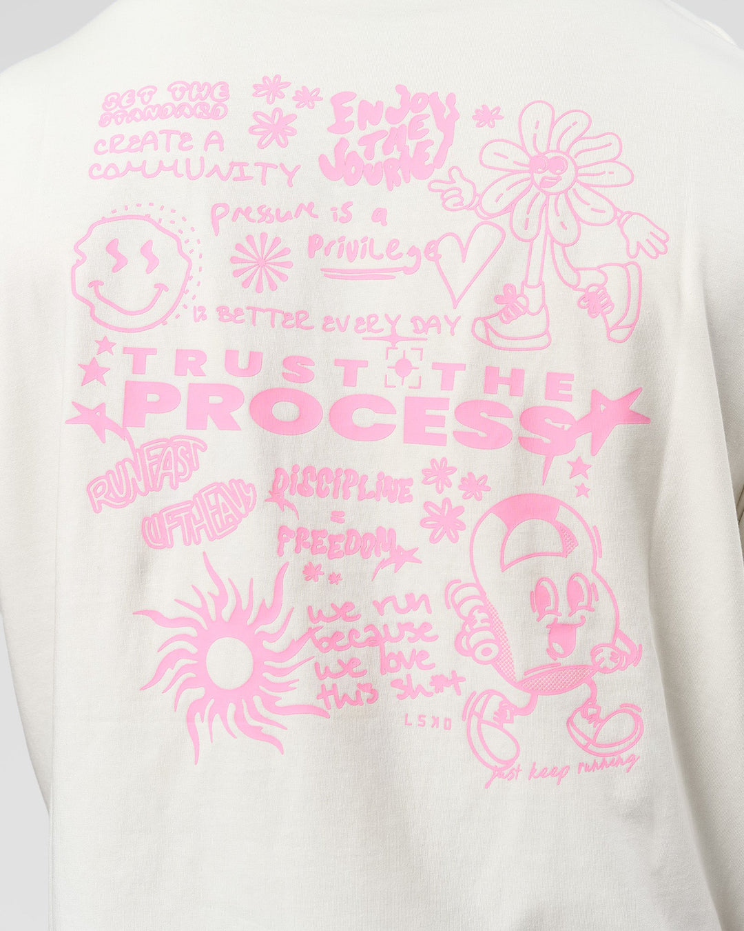 Man wearing Built On Values FLXCotton Oversized Tee - Off White-Pink Rose | Model:Xav | Size:L