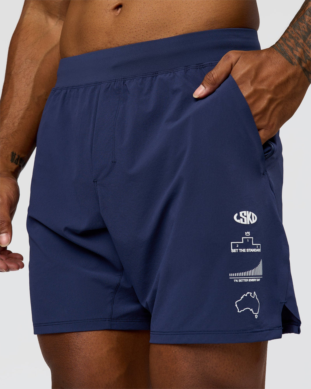Man wearing Greatest of All Time Functional Training 7" Short - Future Navy-White | Model:Xav | Size:L - view 3