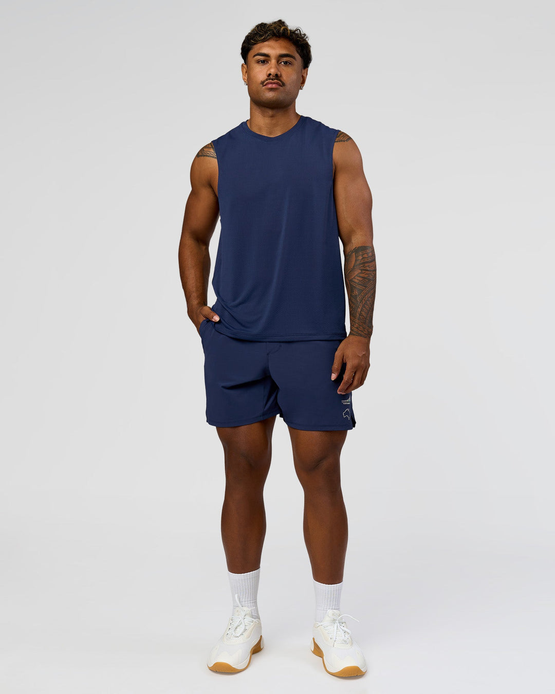 Man wearing Greatest of All Time Rep Muscle Training Tank - Future Navy-White | Model:Xav | Size:L - view 6