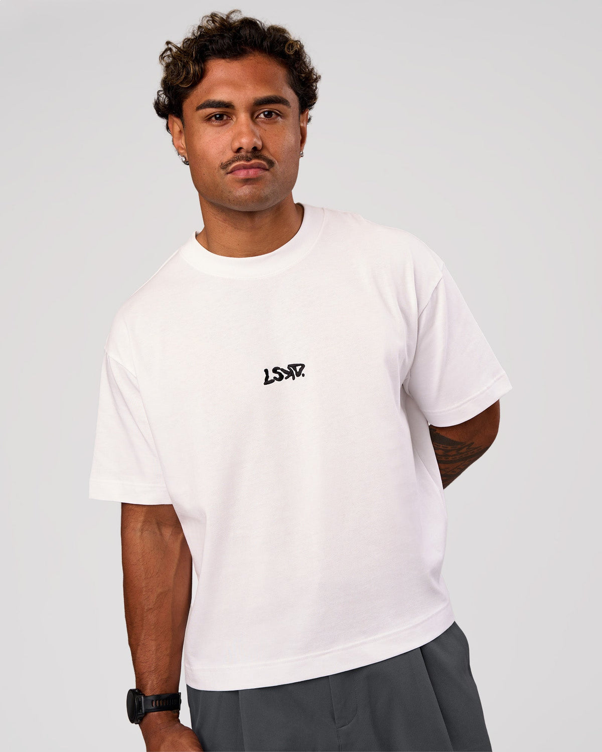 Man wearing Progression Super Heavyweight Boxed Tee - White-Black | Model:Xav | Size:L
