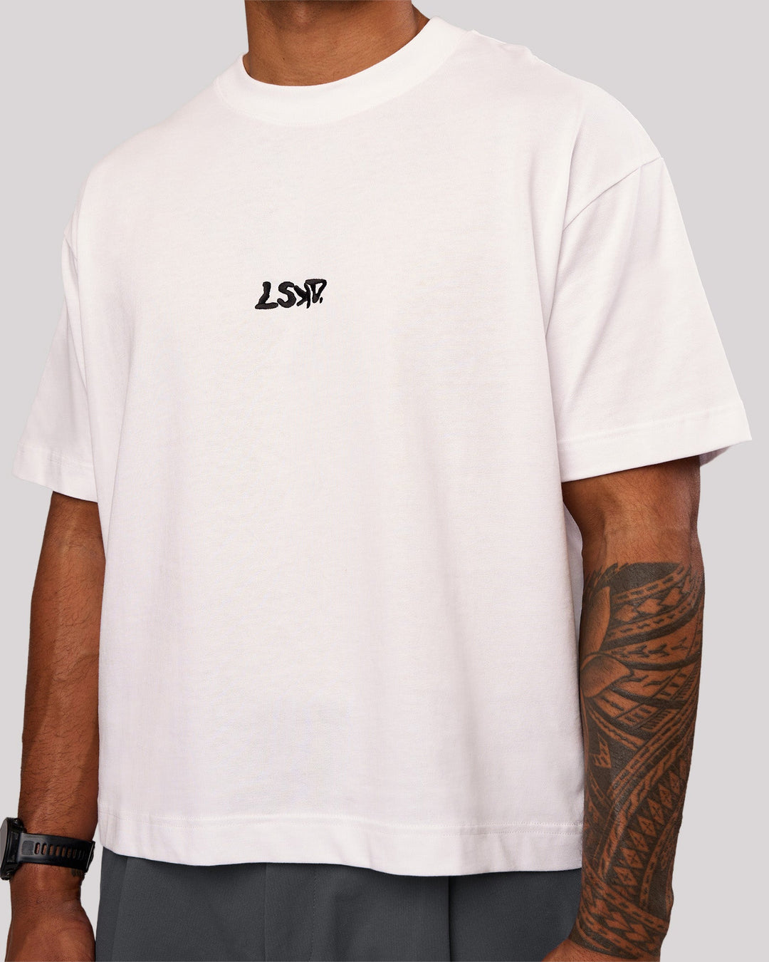 Man wearing Progression Super Heavyweight Boxed Tee - White-Black | Model:Xav | Size:L - view 4