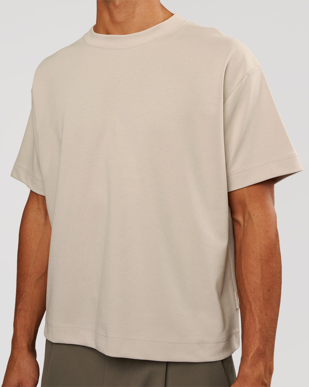 Man wearing AfterDark ZeroCrease Boxy Tee - Shale Beige | Model:Albert | Size:M - view 4