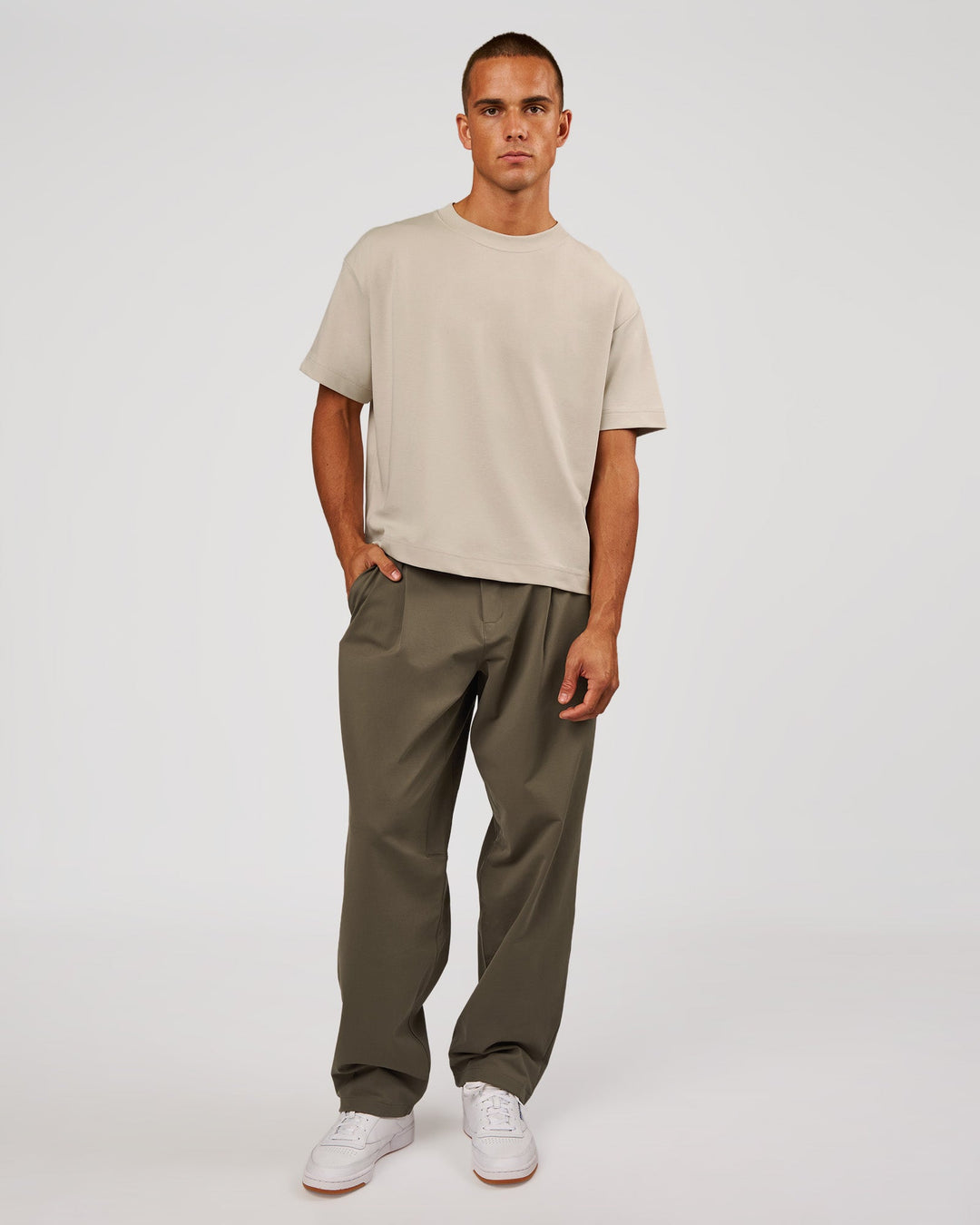 Man wearing AfterDark ZeroCrease Boxy Tee - Shale Beige | Model:Albert | Size:M - view 6