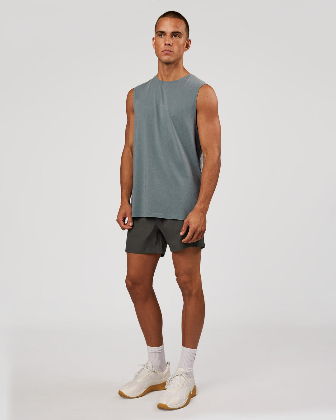 Man wearing Base FLXCotton Tank - Blue Mirage Washed | Model:Albert | Size:M - view 3