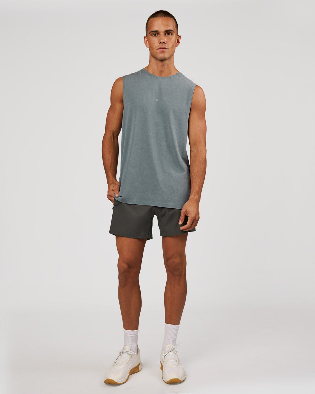 Man wearing Base FLXCotton Tank - Blue Mirage Washed | Model:Albert | Size:M - view 5