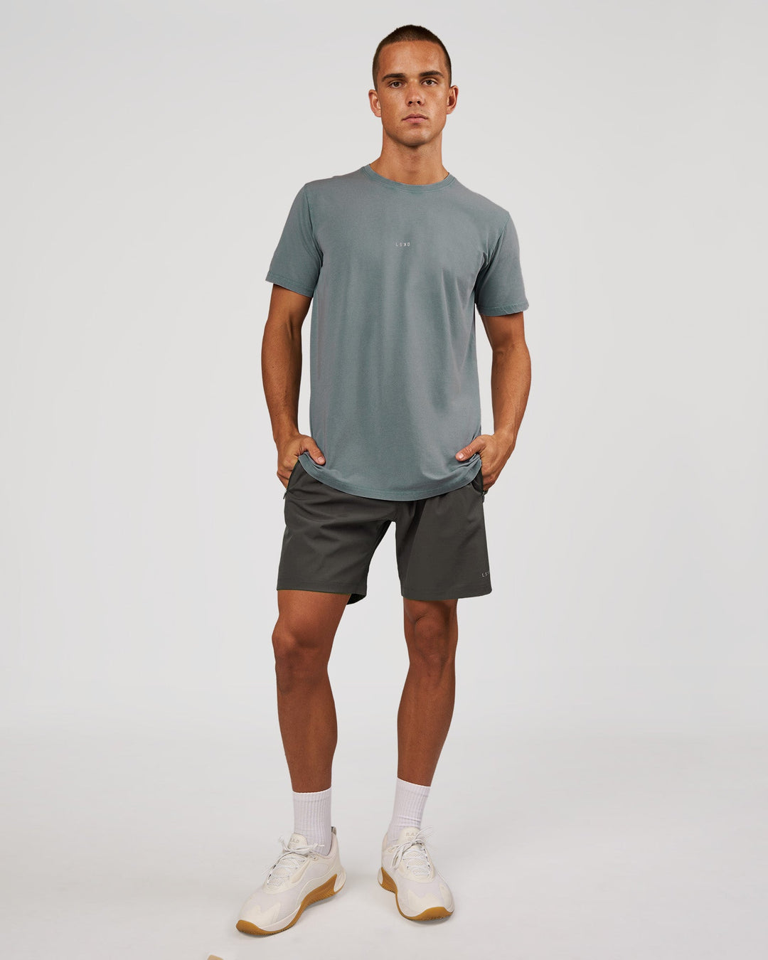 Man wearing Base FLXCotton Tee - Blue Mirage Washed | Model:Albert | Size:M - view 5