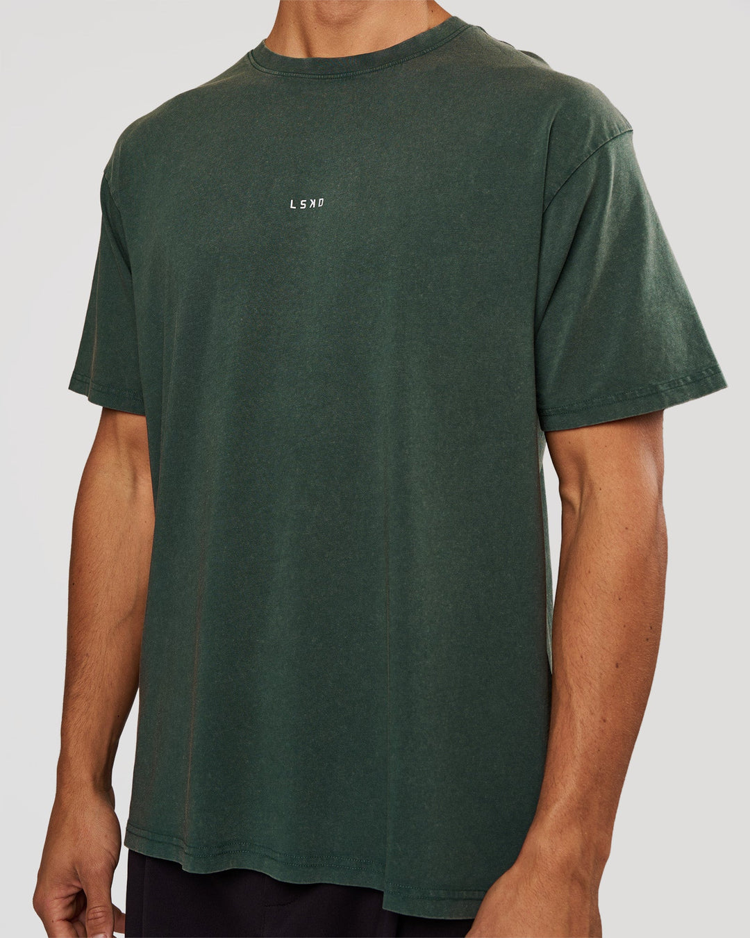 Man wearing Base FLXCotton Tee - Midnight Green Washed | Model:Albert | Size:M - view 2