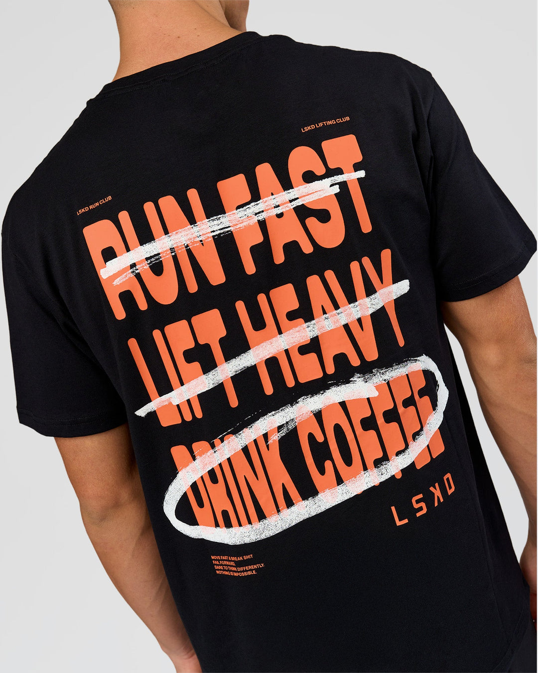 Man wearing Coffee Run FLXCotton Oversized Tee - Black-Ultra Orange | Model:Albert | Size:M - view 13
