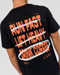 Man wearing Coffee Run FLXCotton Oversized Tee - Black-Ultra Orange | Model:Albert | Size:M | Thumbnail Index: 12