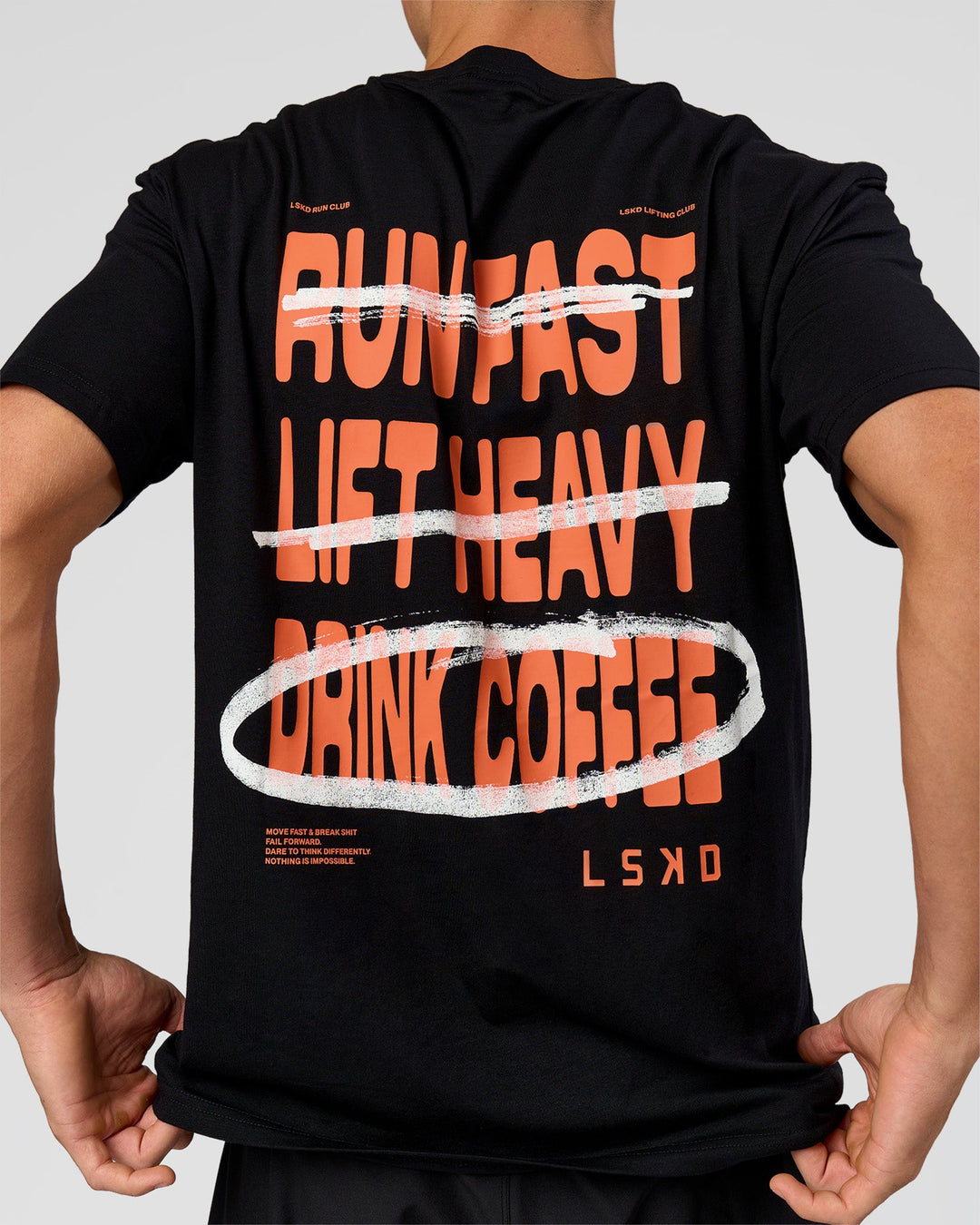 Man wearing Coffee Run FLXCotton Oversized Tee - Black-Ultra Orange | Model:Albert | Size:M - view 12