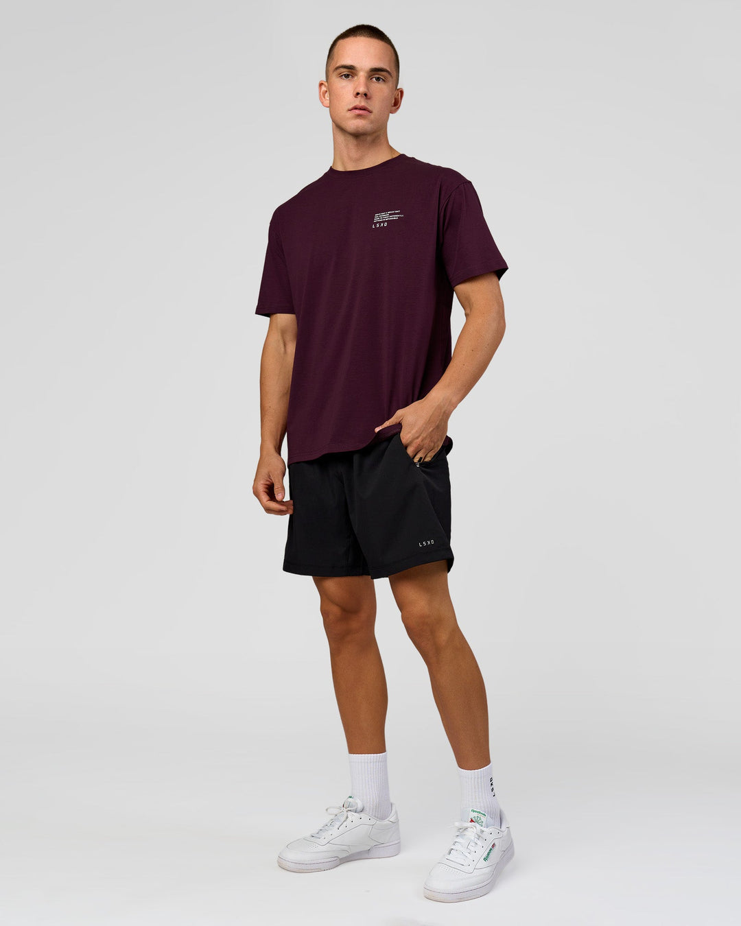 Man wearing Coffee Run FLXCotton Oversized Tee - Cherry Lacquer-Black | Model:Albert | Size:M - view 7