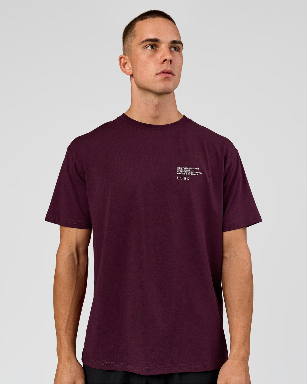 Man wearing Coffee Run FLXCotton Oversized Tee - Cherry Lacquer-Black | Model:Albert | Size:M - view 10