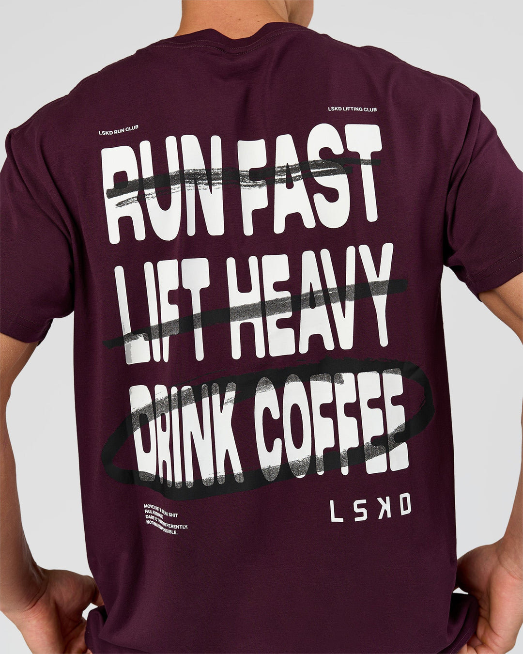 Man wearing Coffee Run FLXCotton Oversized Tee - Cherry Lacquer-Black | Model:Albert | Size:M - view 2