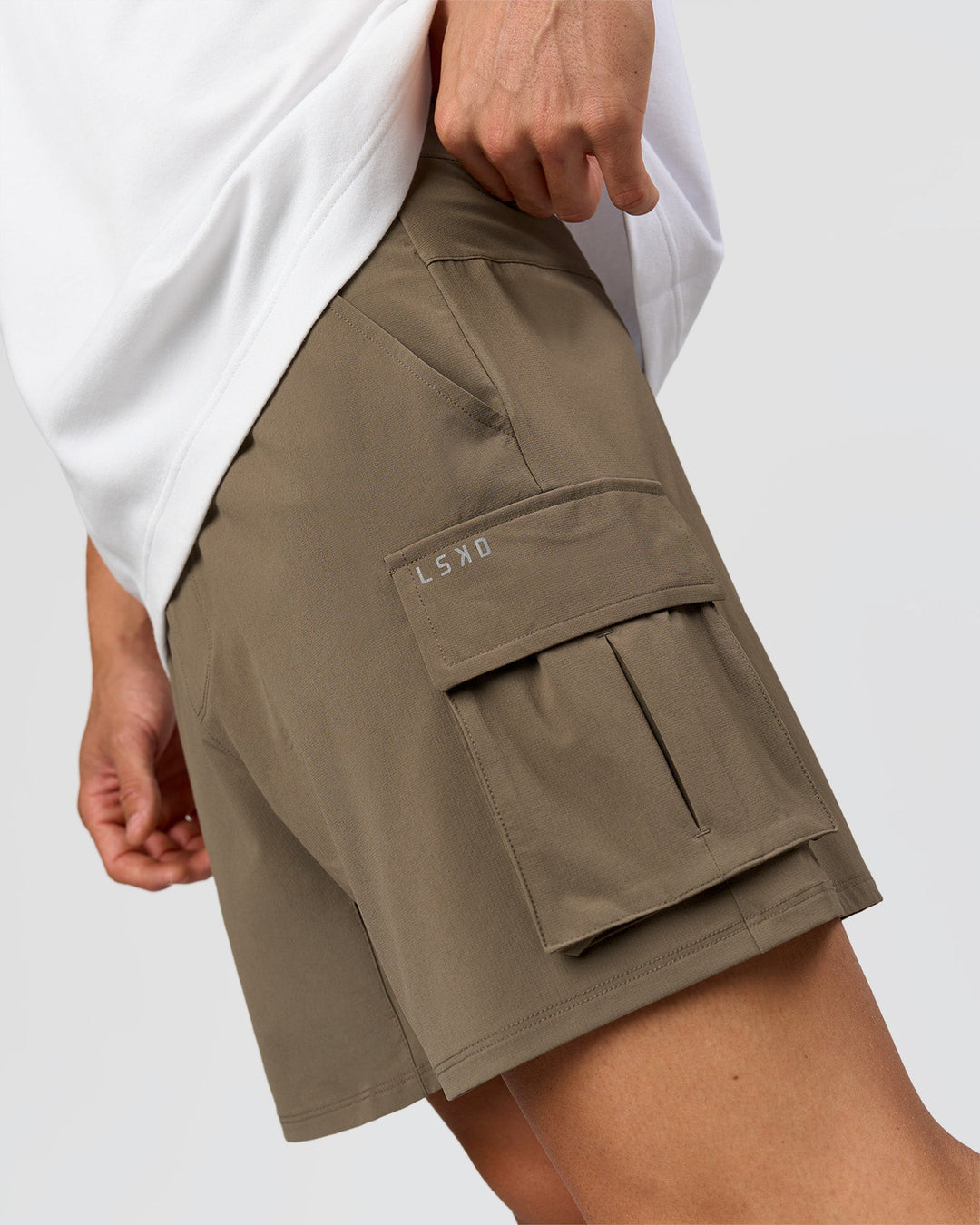 Man wearing Functional Cargo 6" Short - Walnut Grey | Model:Albert | Size:M - view 8