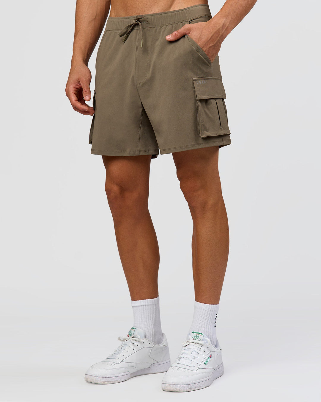 Man wearing Functional Cargo 6" Short - Walnut Grey | Model:Albert | Size:M - view 12
