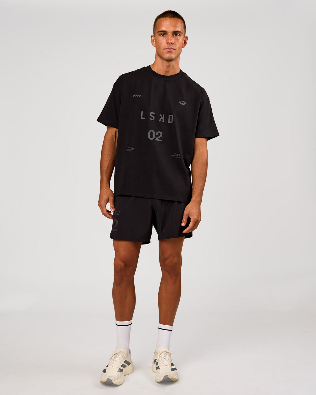 Man wearing Game Plan Heavyweight FLXCotton Oversized Tee - Black | Model:Albert | Size:M - view 8