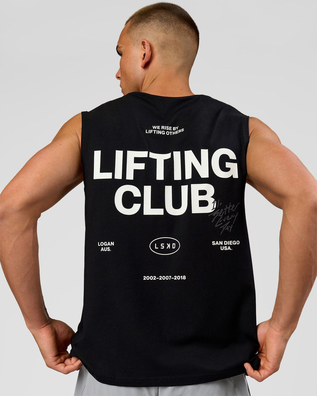 Man wearing Lifting Club FLXCotton Tank - Black-White | Model:Albert | Size:M - view 4