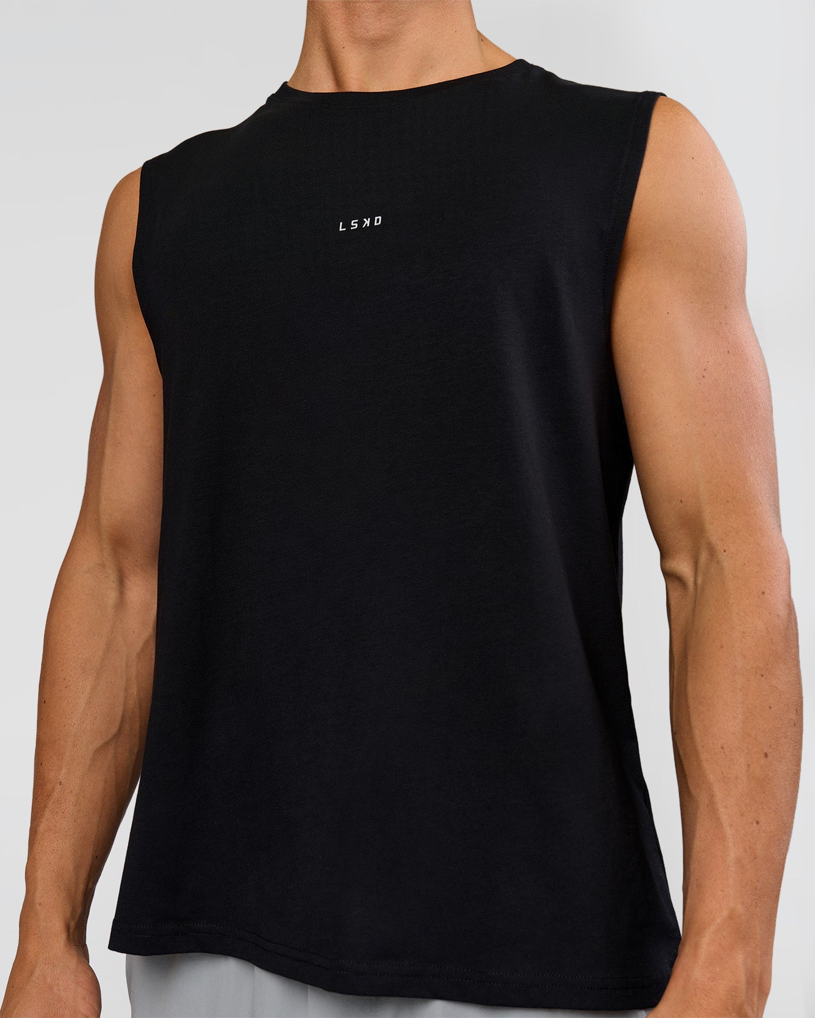 Man wearing Lifting Club FLXCotton Tank - Black-White | Model:Albert | Size:M