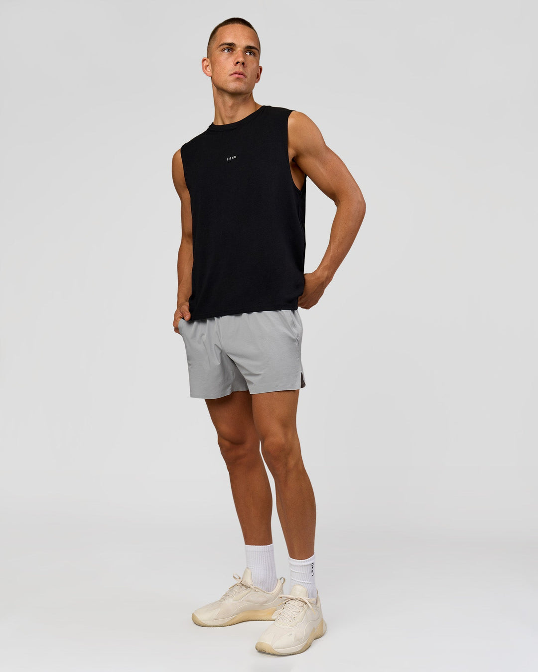 Man wearing Lifting Club FLXCotton Tank - Black-White | Model:Albert | Size:M - view 5