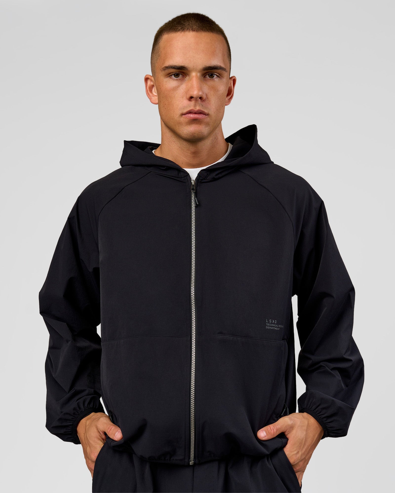 Man wearing Motion Hooded Jacket - Black | Model:Albert | Size:M