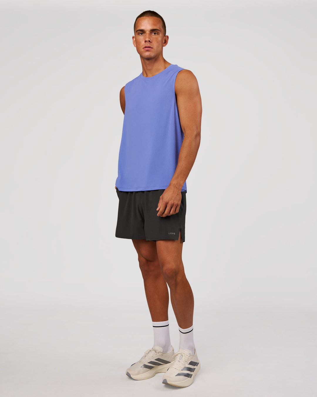 Man wearing Pace 5" Lined Running Short - Dark Storm-Bluebell | Model:Albert | Size:M - view 3