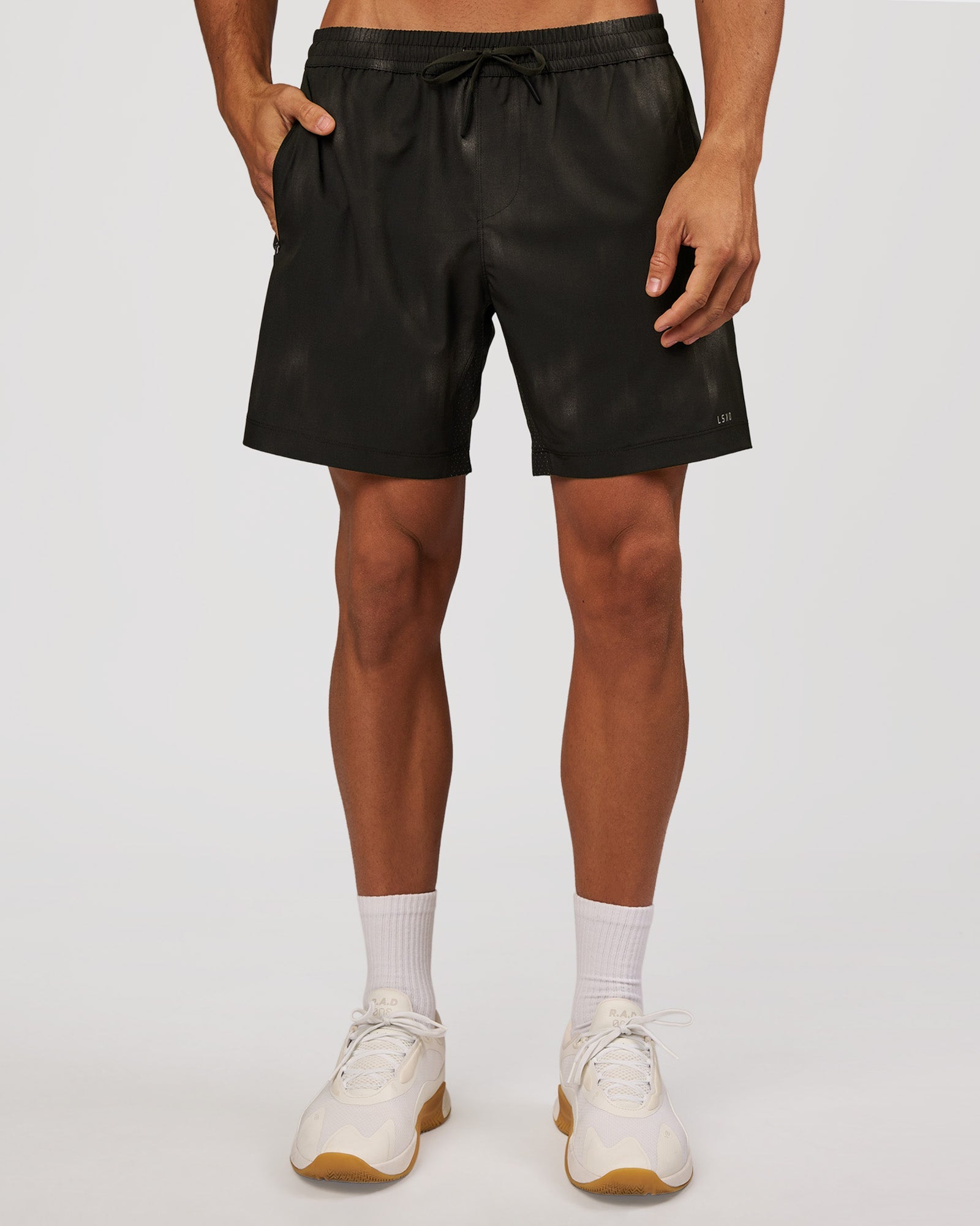 Man wearing Rep 7" Performance Short - Bitmap Blur Black | Model:Albert | Size:M