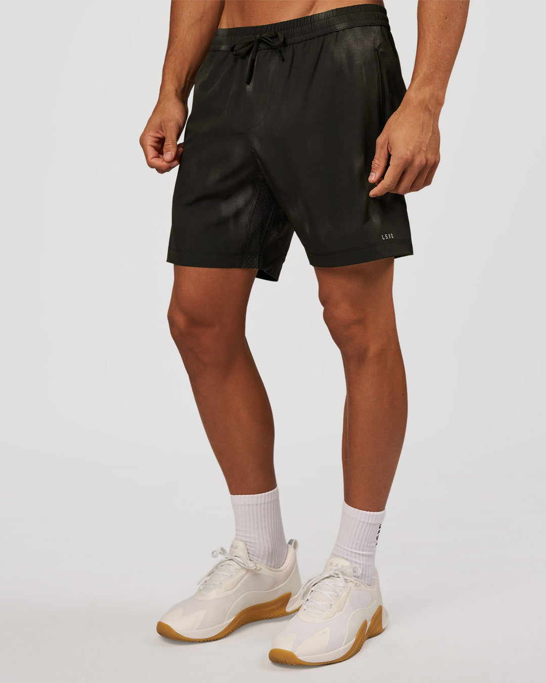 Man wearing Rep 7" Performance Short - Bitmap Blur Black | Model:Albert | Size:M - view 3