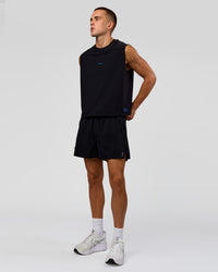 Man wearing Run Club Elevate Muscle Tank - Black-Electric Indigo | Model:Albert | Size:M | Thumbnail Index: 6