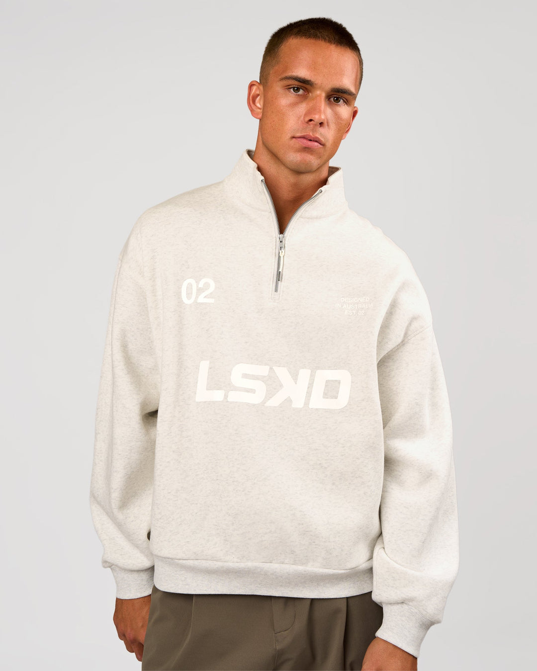 Man wearing Stadium Quarter Zip Sweater - Silver Marl | Model:Albert | Size:M - view 1