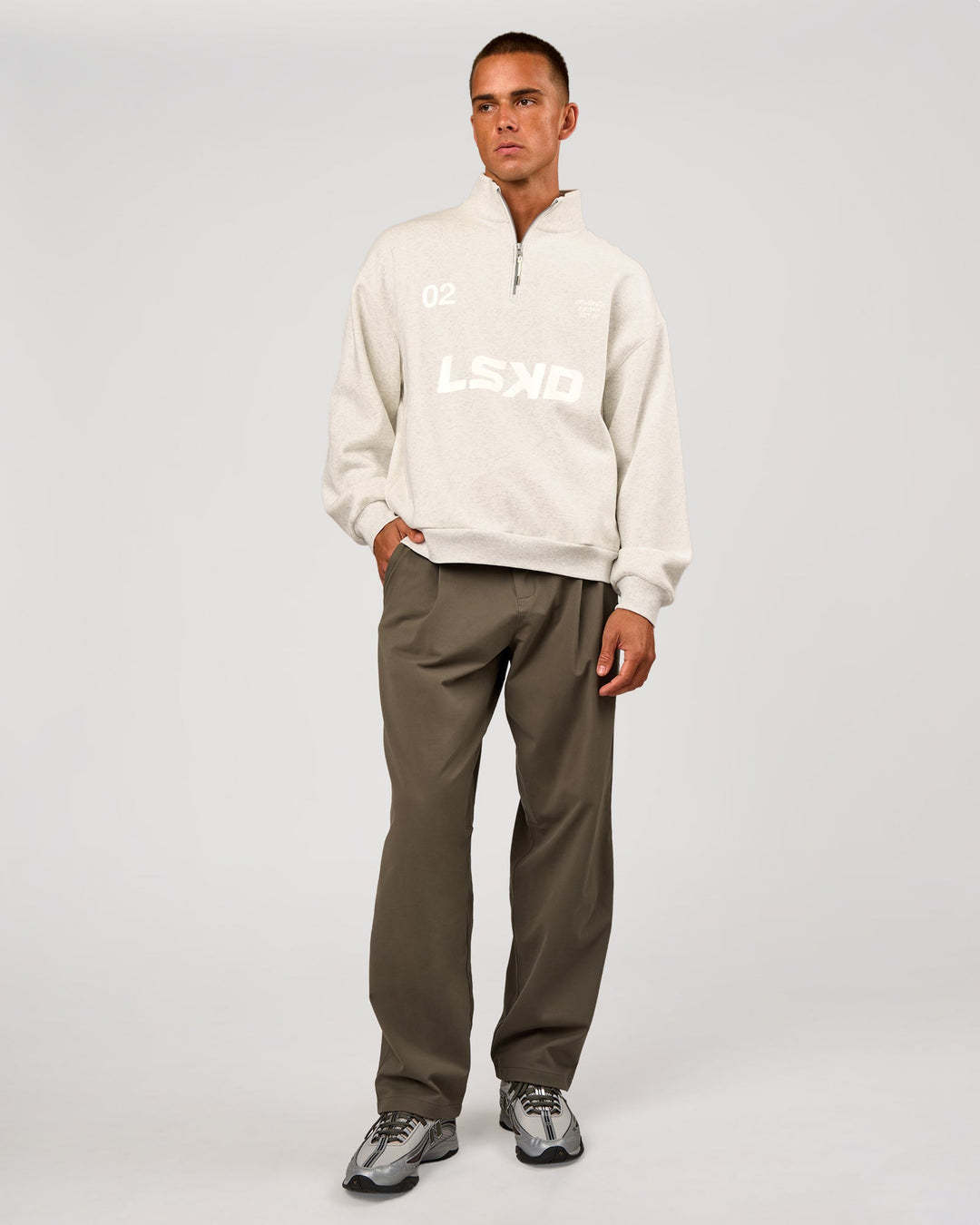 Man wearing Stadium Quarter Zip Sweater - Silver Marl | Model:Albert | Size:M - view 8