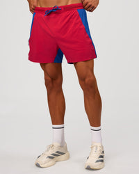 Man wearing UltraAir 5" Lined Performance Short - Scarlet-Electric Indigo | Model: Albert | Size: M | Thumbnail Index: 10