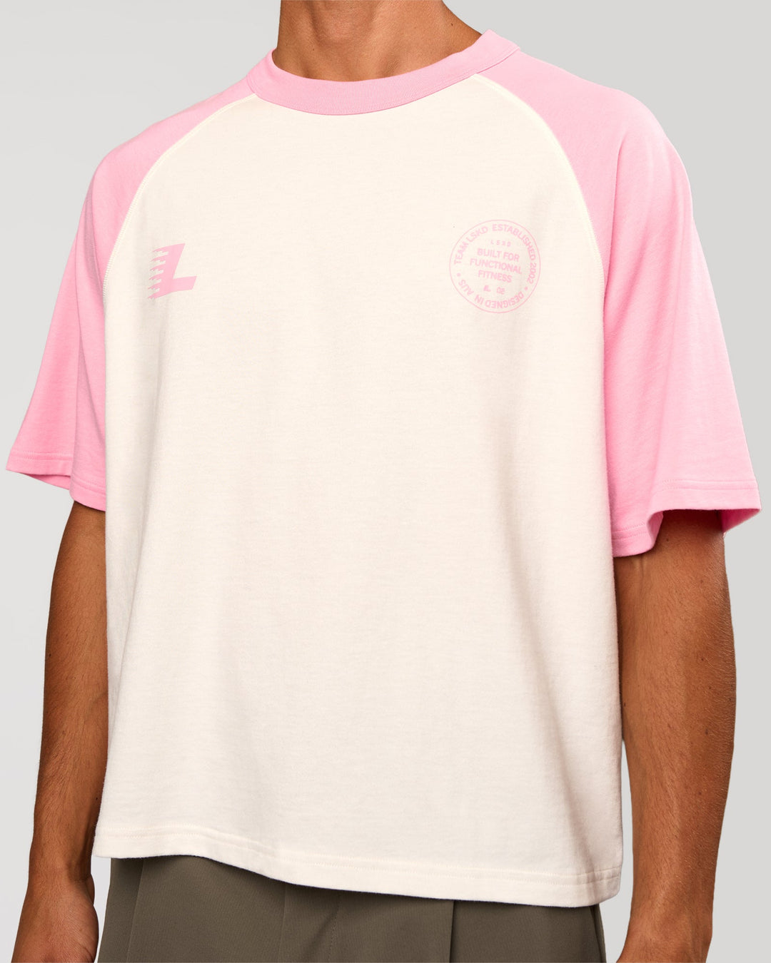 Man wearing Victory Heavyweight Boxed Raglan Tee - Off White-Pink Rose | Model:Albert | Size:M - view 5