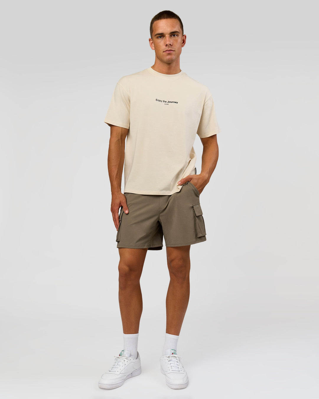 Man wearing VS1 Enjoy The Journey FLXCotton Oversize Tee - Vanilla Bean | Model:Albert | Size:M - view 9