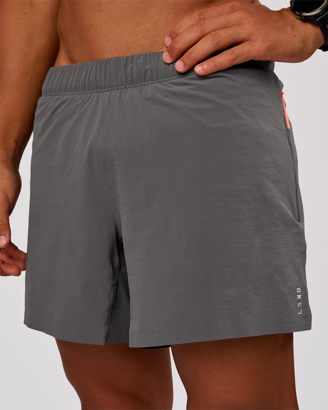 Man wearing Flow-Mode Lined 5" Short - Dark Storm | Model:George | Size:M - view 1