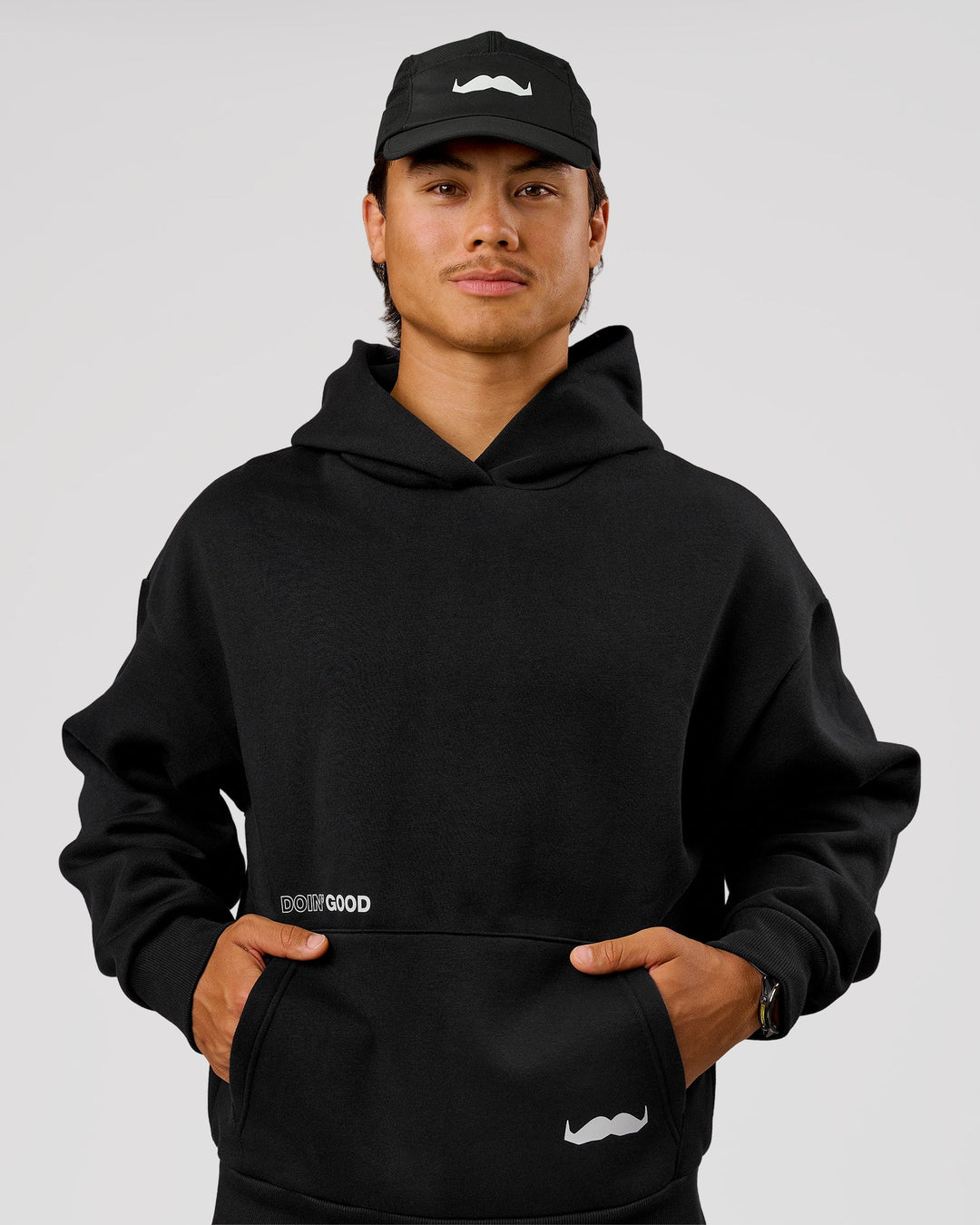 Man wearing Movember x LSKD Oversized Hoodie - Black | Model:George | Size:M - view 15
