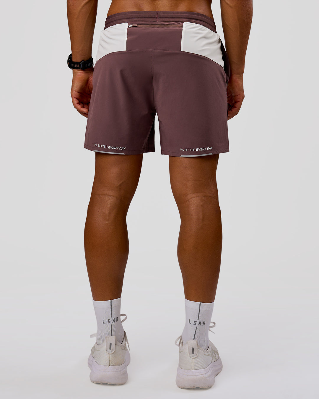 Man wearing Pace 5" Lined Running Short - Cocoa Powder-Off White | Model:George | Size:M - view 5