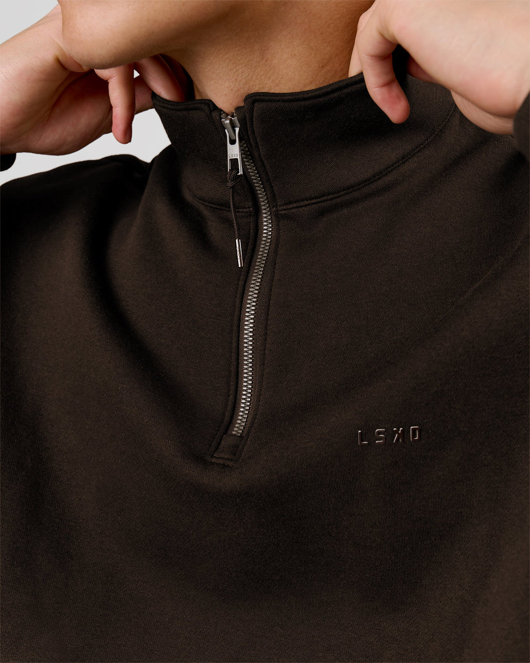 Man wearing Base Quarter Zip Sweater - Ground Coffee | Model:Leandro | Size:M - view 5