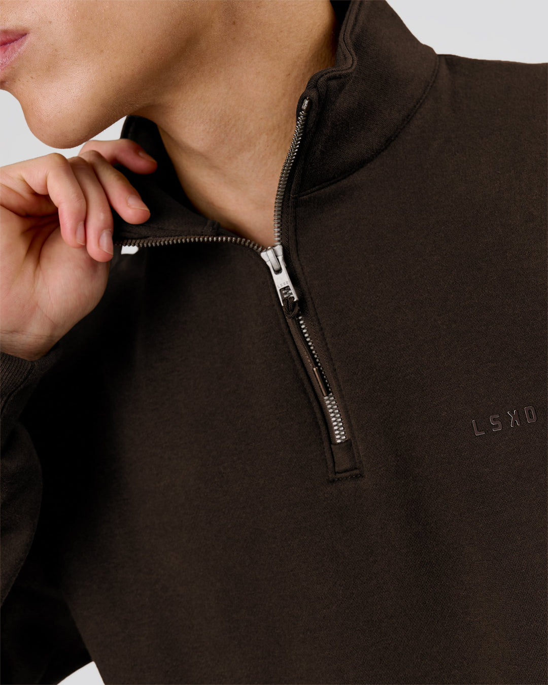Man wearing Base Quarter Zip Sweater - Ground Coffee | Model:Leandro | Size:M - view 12