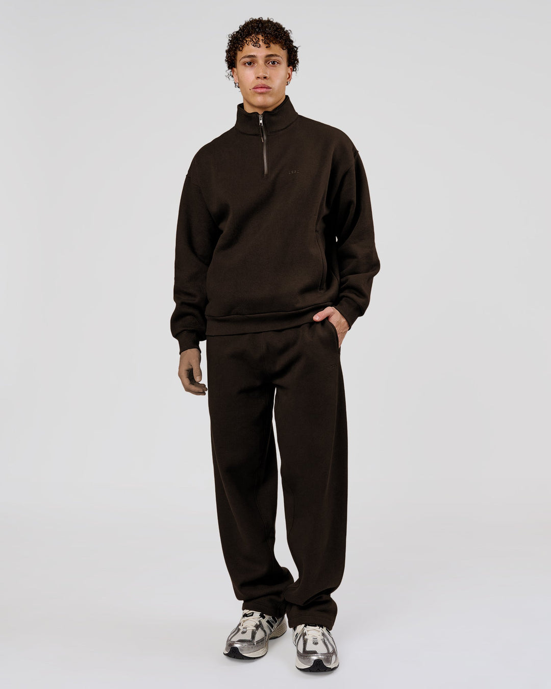 Man wearing Base Wide Leg Track Pant - Ground Coffee | Model:Leandro | Size:M - view 5