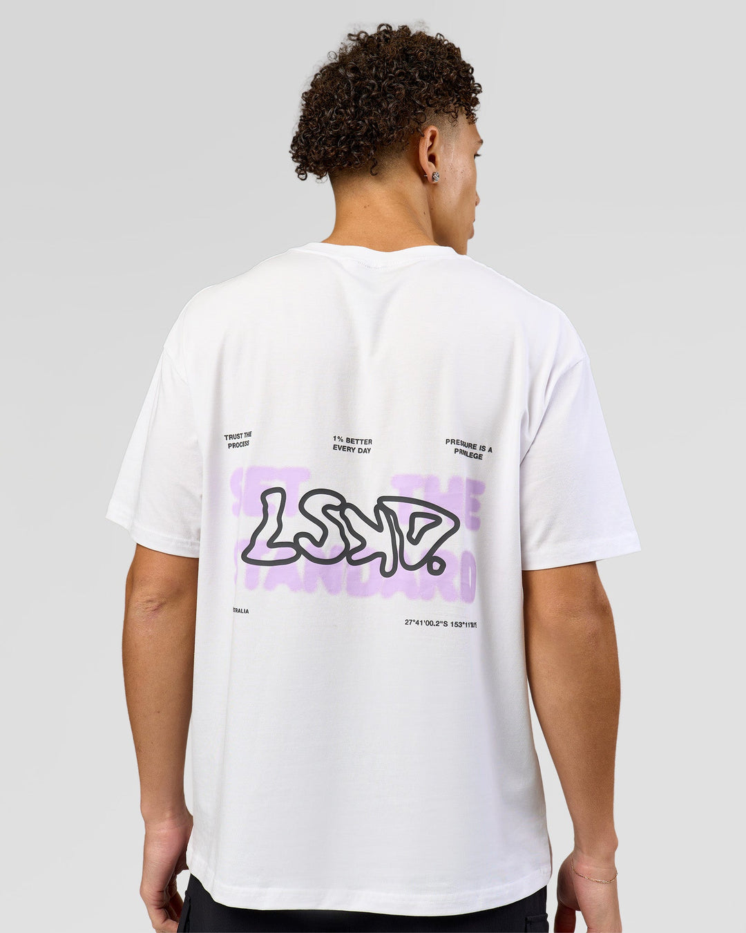 Man wearing Benchmark FLXCotton Oversized Tee - White-Pale Lilac | Model:Leandro | Size:M - view 2