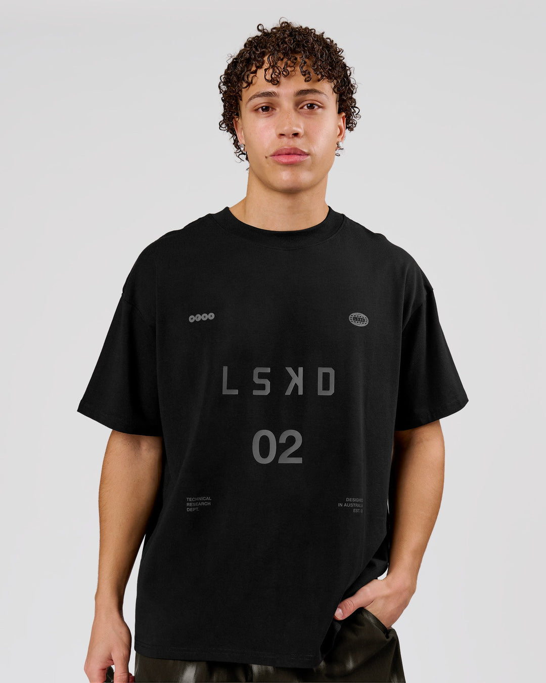 Man wearing Game Plan Heavyweight FLXCotton Oversized Tee - Black | Model:Leandro | Size:M - view 2