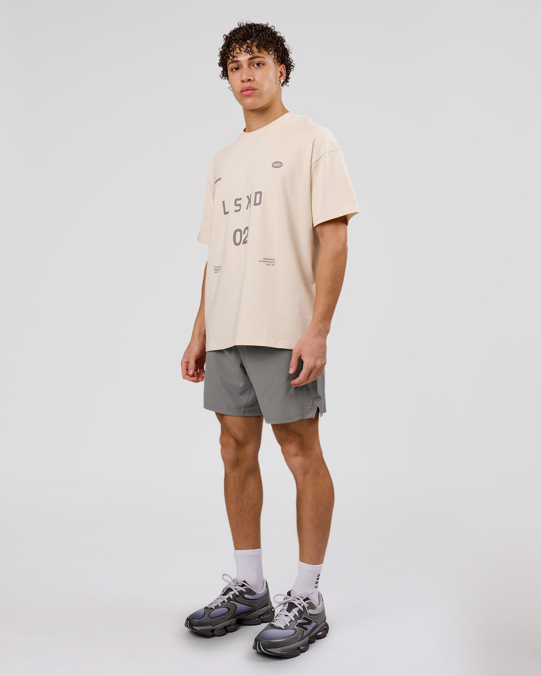 Man wearing Game Plan Heavyweight FLXCotton Oversized Tee - Vanilla Bean | Model:Leandro | Size:M - view 15