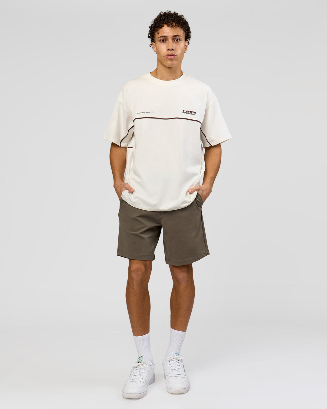 Man wearing Inline Heavyweight FLXCotton Oversized Tee - Off White-Hot Chocolate | Model:Leandro | Size:M - view 6