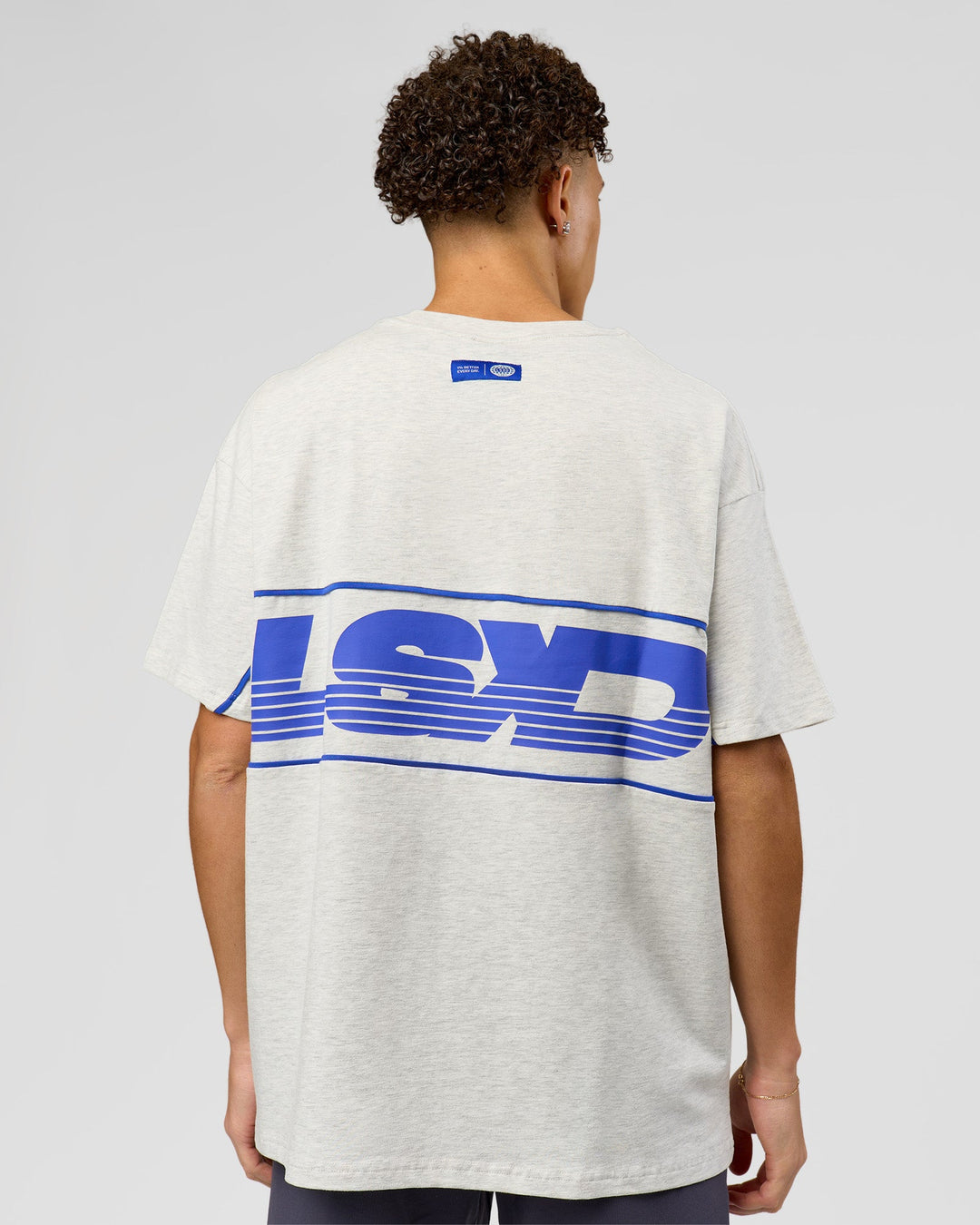Man wearing Inline Heavyweight FLXCotton Oversized Tee - Silver Marl-Power Cobalt | Model:Leandro | Size:M - view 4