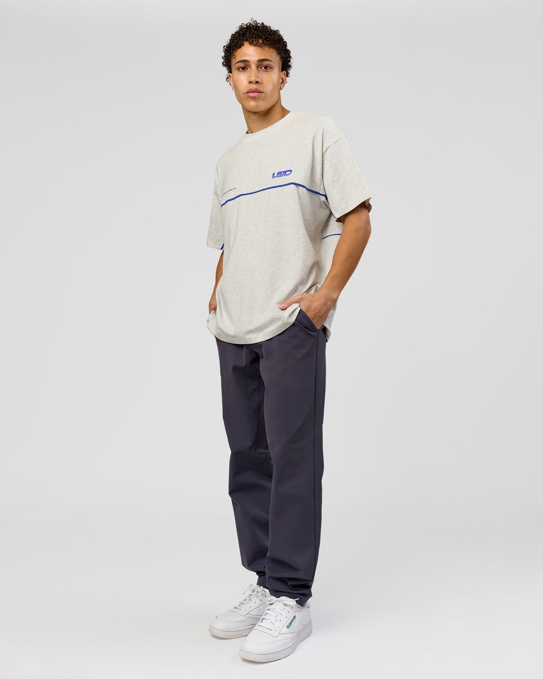 Man wearing Inline Heavyweight FLXCotton Oversized Tee - Silver Marl-Power Cobalt | Model:Leandro | Size:M - view 8