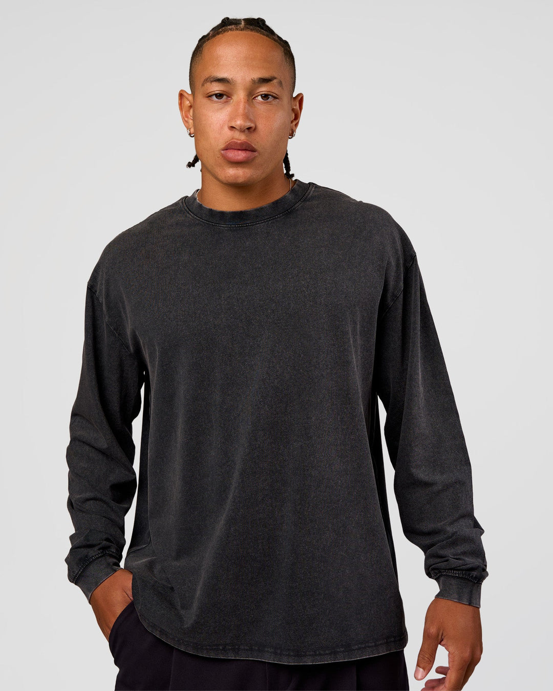 Man wearing Clear Vision Heavyweight FLXCotton Oversized LS Tee - Black Washed-Black | Model:Malebo | Size:M - view 5