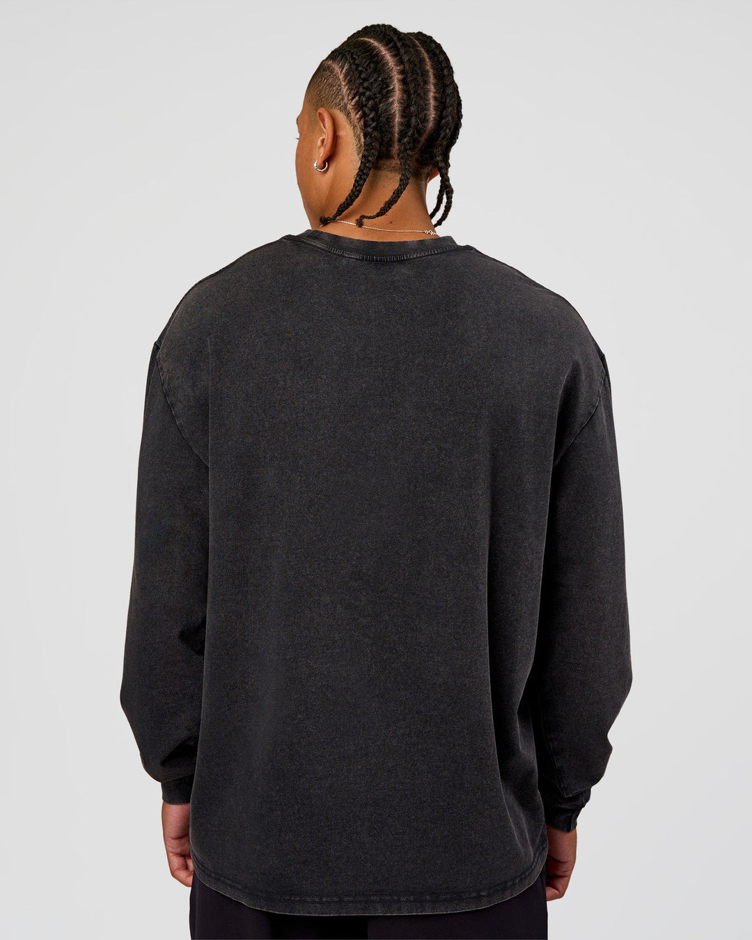 Man wearing Clear Vision Heavyweight FLXCotton Oversized LS Tee - Black Washed-Black | Model:Malebo | Size:M - view 12