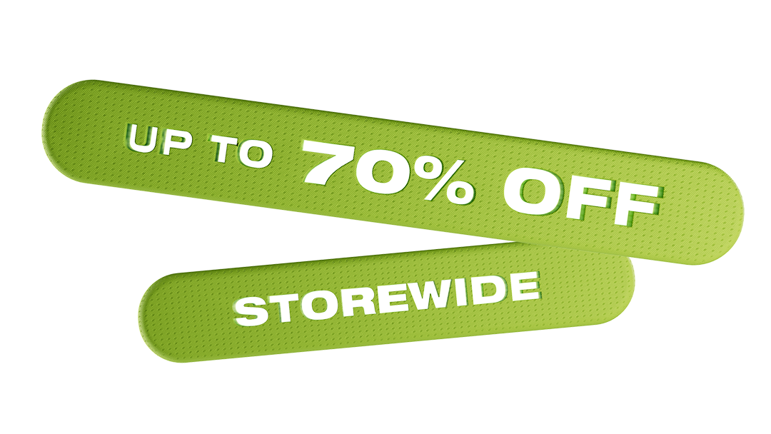 Green promotional banner with 'Up to 70% Off Storewide' text on a white background
